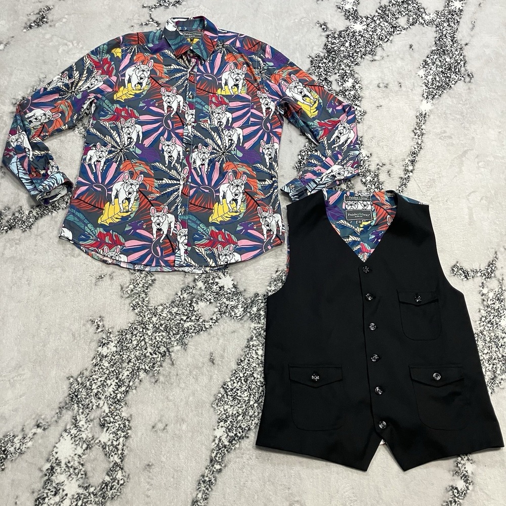 Paisley & Gray Slim Fit Shirt Vest Set Mens L 17 Colorful Print Button Up